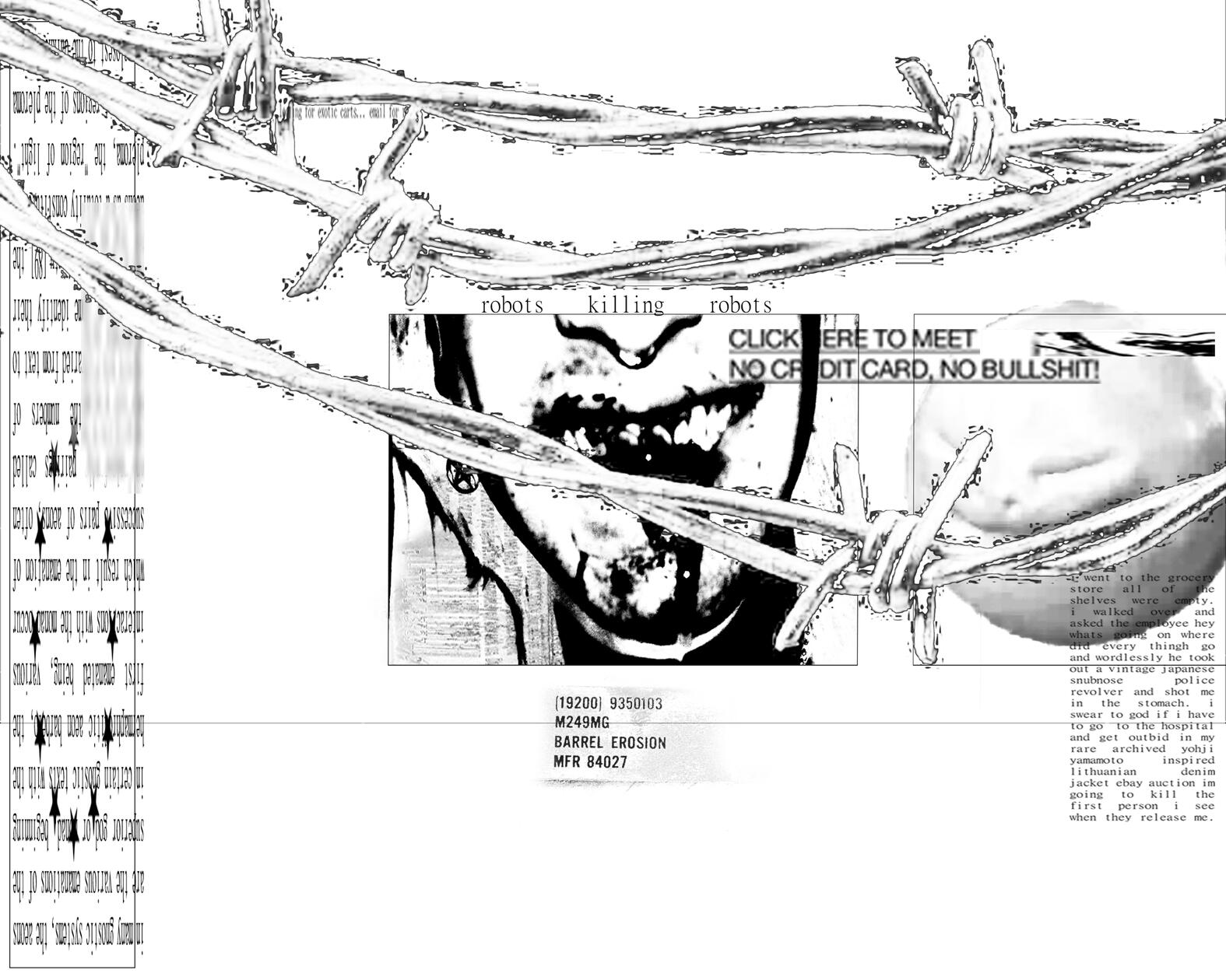 "robots killing robots" (17x22", mixed media digital, 2025)